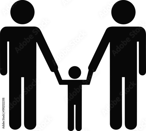 Black silhouette icon of two adults holding hands with a child, symbolizing family unity, guardianship, and child protection