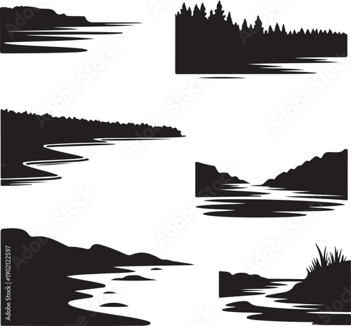 black silhouettes of various landscapes with water and mountains  serene natural scenery