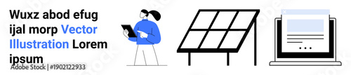 Renewable energy, sustainability, digital technology, environmental solutions, technical innovation, online resources. Vector graphic with a technician, solar panel and computer. Renewable energy