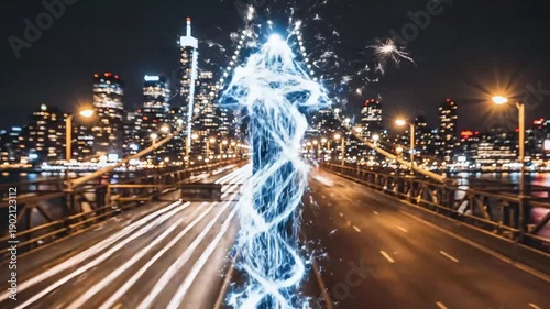 Dynamic upward arrow of electric energy bursts over a vibrant cityscape at night symbolizing growth innovation and powerful business success in an urban environment