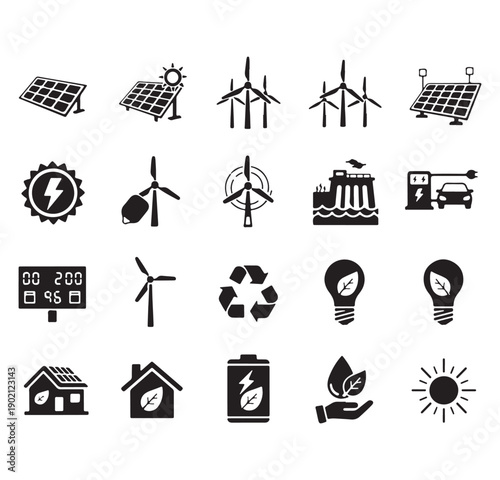 Renewable Energy Vector, Eco Friendly Clipart Graphics, Green Environment Design, Solar Panel Set, Wind Turbine Pack, Sustainable Energy Collection, Nature Conservation Bundle

