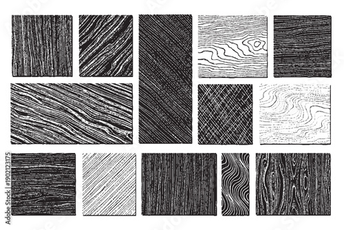 Hand-Drawn Black and White Woodgrain and Abstract Line Texture Set