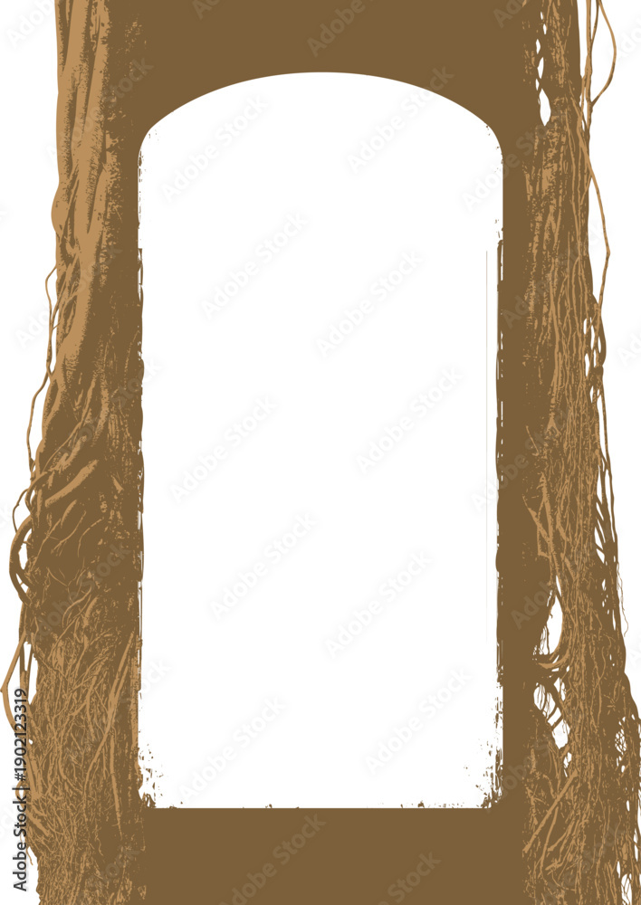 Obraz premium Vector frame with a realistic tree, banyan, or ficus with roots and branches in a gothic or grunge style. Space for inscription. Magical, fairytale, and mystical. Halloween party poster. No ai