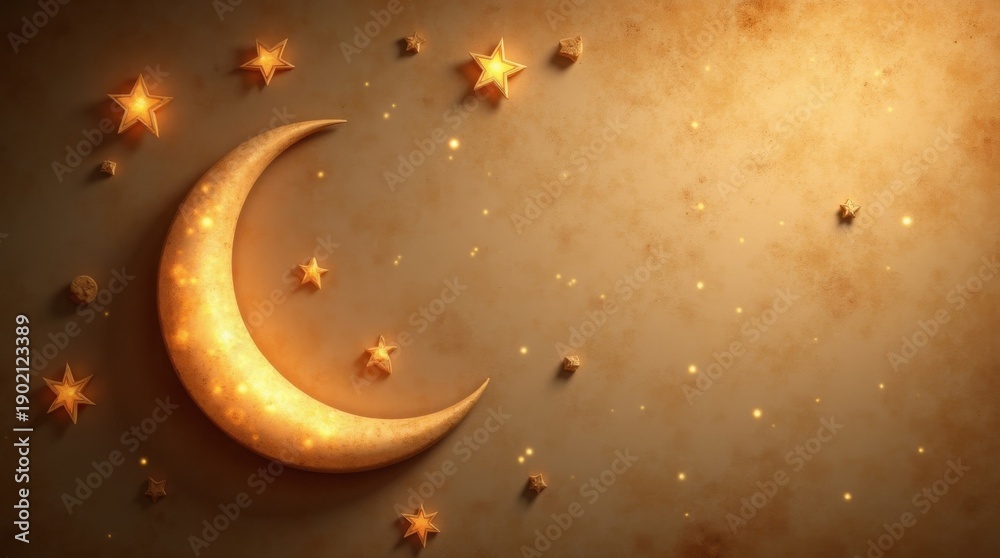 Fototapeta premium A glowing crescent moon and stars shine in a dark night sky