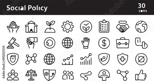 Collection of 30 outlined vector icons depicting social policy, community support, justice, and key financial elements for design projects