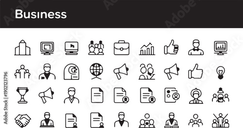 A comprehensive set of business and management icons, perfect for illustrating concepts related to finance, strategy, communication, and teamwork in modern corporate environments