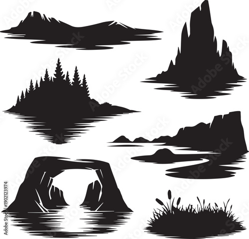 black silhouettes of various natural landscapes and rock formations