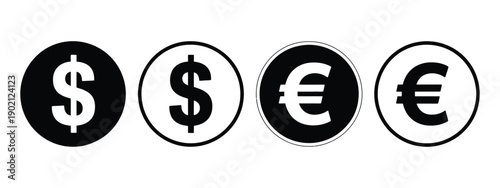 Dollar and Euro currency icon set, vector symbols for money, finance, wallet, payment, banking apps, web design