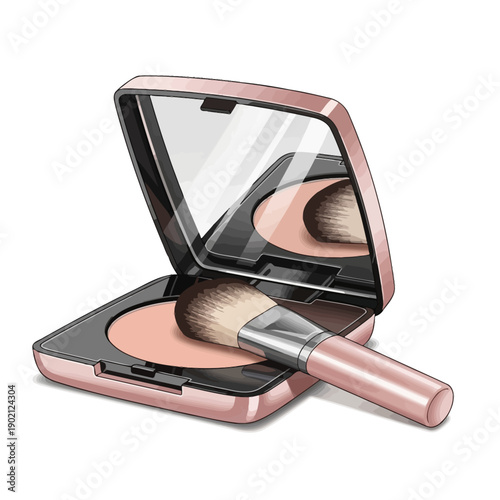 A close-up illustration of an open compact powder case with a blush brush resting on the powder.