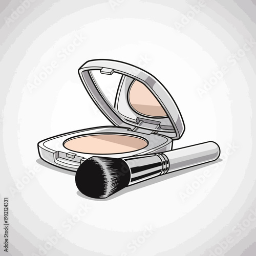 A detailed illustration of an open compact powder with a makeup brush resting beside it, showcasing a cosmetic product.