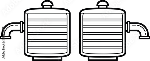 Two identical water filter tanks with pipes in a white background illustration