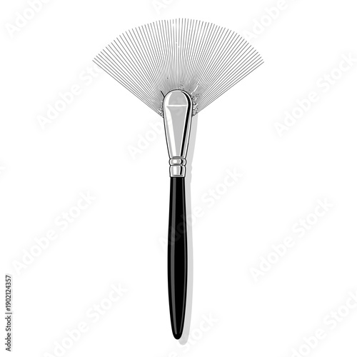 A high-quality fan brush with a sleek black handle and a metallic ferrule, perfect for makeup application.