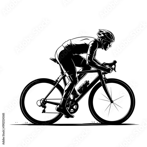 A dynamic black and white illustration of a professional cyclist in a racing position on a road bike.
