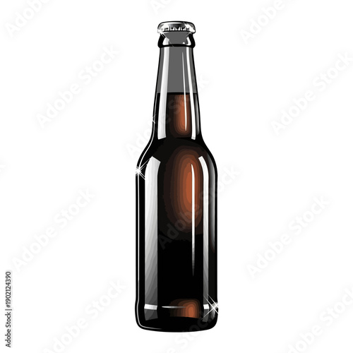 A clear, high-resolution illustration of a dark brown glass bottle filled with a dark liquid, likely a beverage like root beer or cola, with a silver cap.
