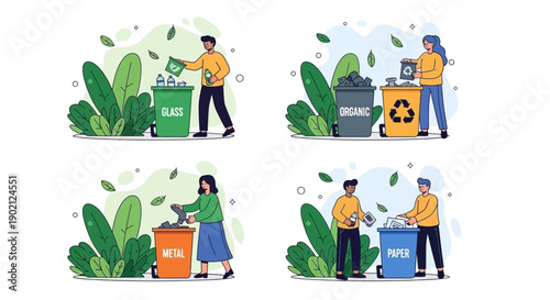 People sorting different types of waste into designated recycling bins for a cleaner environment.