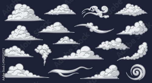 Collection of stylized cartoon clouds and smoke elements in various shapes and forms against a dark blue background.