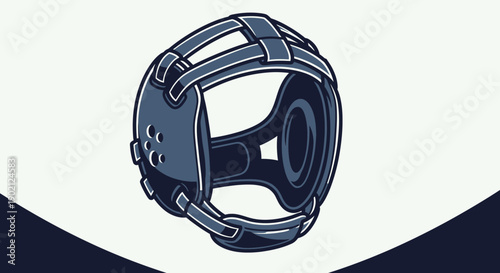 A detailed illustration of a dark blue wrestling headgear with a protective design, isolated on a white background with dark blue accents.