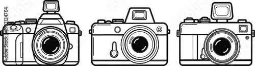 Versatile collection of classic and modern photographic camera line art icons, ideal for creative projects, representing the art of capturing moments