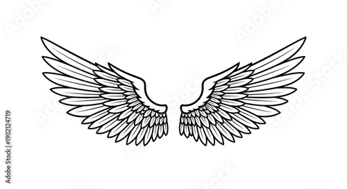 A striking black and white illustration of a pair of majestic angel wings, rendered with intricate feather detail and a classic, elegant design.
