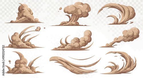 Collection of nine distinct illustrations depicting various forms of dust and sand clouds, showcasing dynamic movement and atmospheric effects.