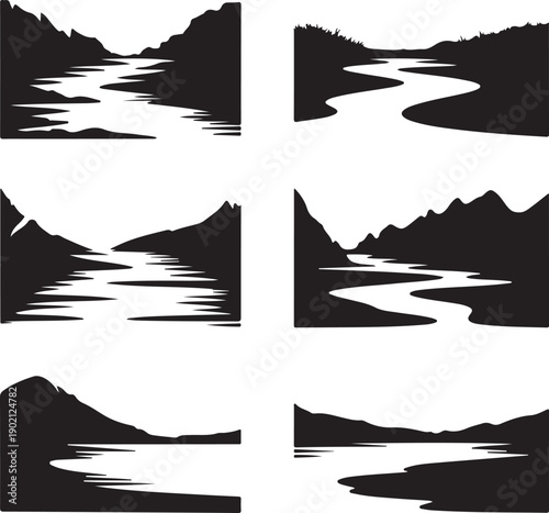 blackandwhitesilhouetteofmountainrangesandrivers