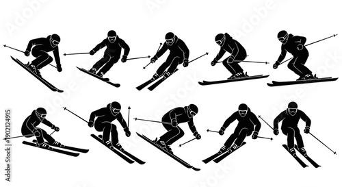 Collection of Silhouettes Depicting Various Skiing Techniques and Poses on a White Background.