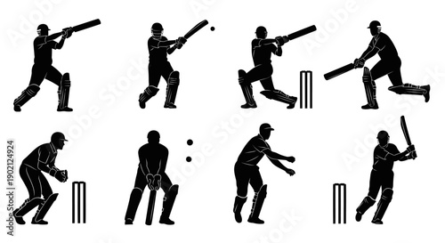 Collection of Silhouettes Depicting Various Cricket Player Actions and Poses on a White Background.