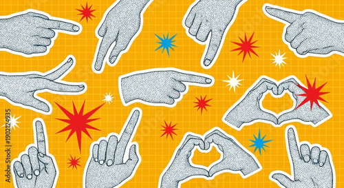 A vibrant collage of diverse hand gestures, including pointing, counting, and heart shapes, set against a bright yellow background with starbursts.