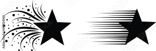 Dynamic Star Trail Effects Set for Design Projects; Sparkling and Speeding Star Icons in Black Vector Graphics