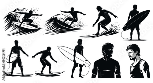 Collection of black and white illustrations depicting surfers in various poses and actions, showcasing the sport of surfing and beach lifestyle.
