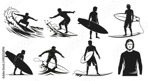 Collection of Silhouettes and Illustrations Depicting Surfing and Surfers in Various Poses and Actions.