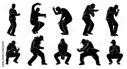 Collection of Silhouettes of People Performing Various Dance Moves and Poses.