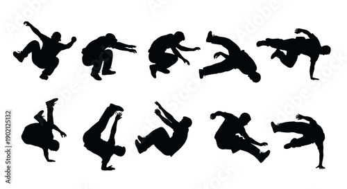 Silhouettes of people performing dynamic parkour and breakdancing moves, showcasing athleticism and agility.