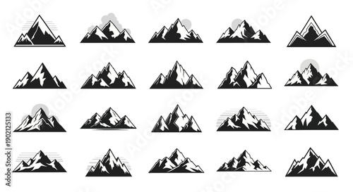 A collection of stylized black and white mountain range illustrations, showcasing various peak shapes and snowy accents.