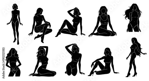 Collection of black silhouettes of women in various poses, showcasing fashion and body shapes.