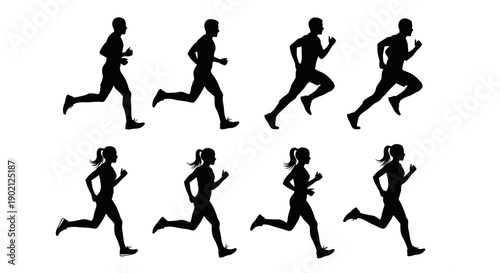 Silhouettes of male and female runners in motion, illustrating the different phases of a running stride.