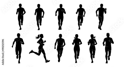 Collection of black silhouettes of men and women running in various poses, representing different stages of motion and athletic activity.