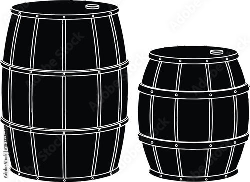 Classic Wooden Barrels Black Silhouettes Illustration for Vintage Storage, Beverage Industry, and Rustic Design Concepts