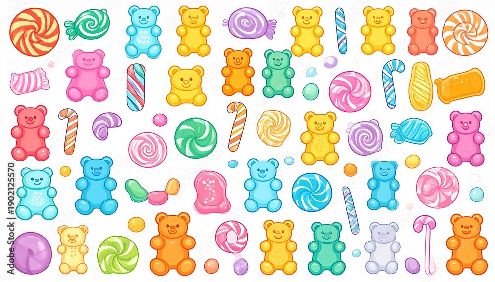 Obraz premium Colorful candy and gummy bears on white background for sweet treats