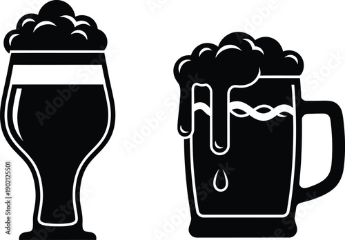 Stylized Black and White Beer Glasses and Mugs Vector Set with Foaming Brew for Drink Themes