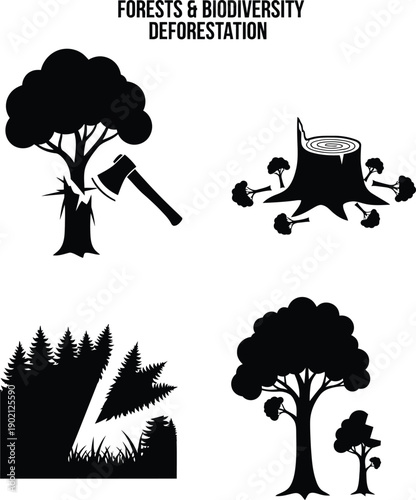 A detailed vector illustration showing the environmental impact of deforestation with cut tree stumps and a cleared forest landscape under a bright sky.