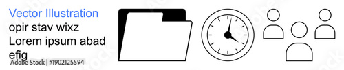 Time management, teamwork, productivity, office tasks, organization, collaboration. An open folder, a clock and people symbols in outline design. Time management and teamwork concept