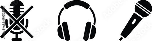 Audio icons microphone off, headphones, and microphone on, symbol set for recording and playback
