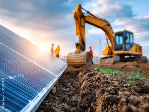 Solar panels on a construction site with an excavator and workers building a renewable energy power plant