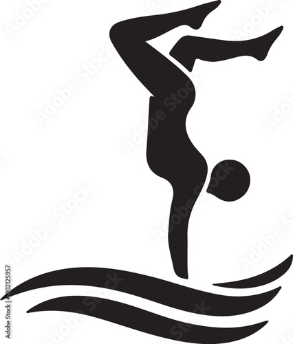 Silhouette of a person performing a handstand on water waves.