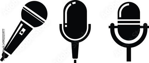 Set of three microphone icons representing different styles and eras of audio recording equipment