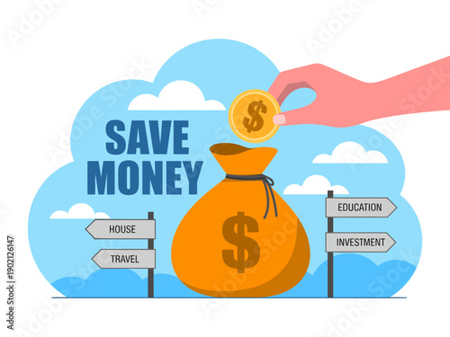 A hand putting a coin into a money bag with the words 'Save Money' on a cloud background
