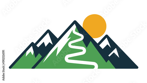 A minimalist vector graphic illustration of a mountain range with a winding road and sunny sky