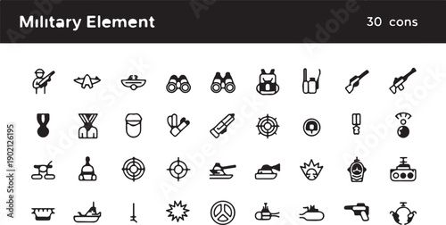 A comprehensive collection of 30 distinct military-themed line art icons, perfect for diverse design applications and representing various aspects of defense and combat