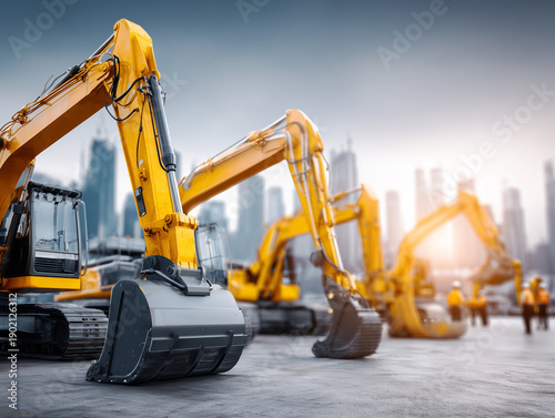 Yellow excavators lining up on construction site, preparing for urban development and city building work